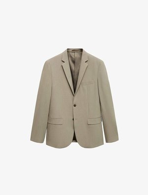 Svetlo béžový blejzer s vystrihom do V, jedným gombíkom, dvoma prednými vreckami a vreckom na hrudi. Textúrovaná tkanina. Strih prispôsobený postave.