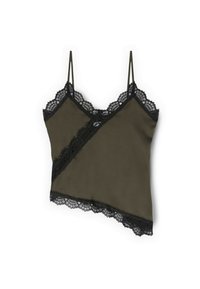 Top a camicia verde oliva con bordatura in pizzo nero lungo lo scollo e l'orlo. Presenta spalline sottili regolabili e un design asimmetrico.