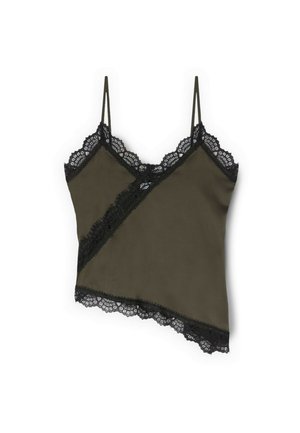 Oliwkowo-zielony top na ramiączkach z czarną koronkową lamówką wzdłuż dekoltu i dołu. Posiada cienkie, regulowane ramiączka oraz asymetryczny fason.