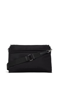 Borsa a tracolla in nylon nero con cintura regolabile, chiusura superiore con zip e tasca frontale con zip. Presenta un logo impiombato e un design rettangolare elegante.