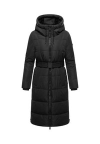 Manteau rembourré noir avec capuche, fermeture éclair à l'avant et taille ceinturée. Présente un design matelassé et deux poches latérales, fabriqué en matériau lisse et isolé.