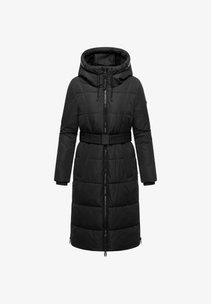 Schwarze Steppjacke mit Kapuze, durchgehendem Reißverschluss und tailliertem Schnitt. Verfügt über ein gestepptes Design und zwei seitliche Taschen, aus glattem, isoliertem Material.