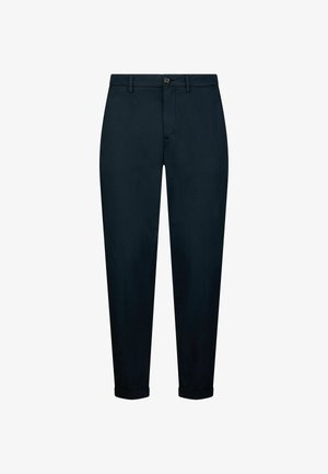 Chinos blu navy realizzati in misto cotone, caratterizzati da un taglio dritto, tasche frontali e polsini alla caviglia per un aspetto curato.