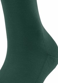 Calzini verdi realizzati in un tessuto liscio ed elasticizzato con texture a costine. Presentano un tallone e una punta rinforzati. Nessun motivo o grafica.
