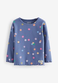 Top de manga larga acanalado en azul con lunares multicolores. Presenta un cuello redondo y un dobladillo festoneado, etiquetado con una etiqueta.