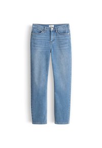 Jean bleu clair à jambes droites avec bouton frontal, fermeture éclair, passants de ceinture et design à cinq poches sur fond blanc.