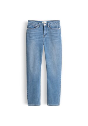 Jeans azzurri a gamba dritta con bottoni frontali, cerniera, passanti per cintura e design a cinque tasche su sfondo bianco.