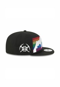 Black snapback cap featuring a colorful, striped design on the front and a white logo. Flat brim with stitching details.