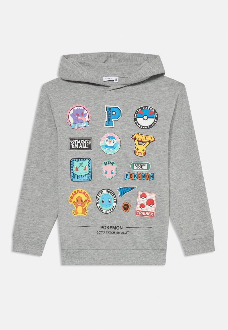 Gray sweatshirt with a hood featuring various colorful Pokémon patches and graphics, including characters and slogans, on the front.