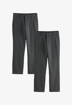 Dos pares de pantalones formales de color gris oscuro con trabillas para cinturón y bolsillos laterales, uno ligeramente más alto y colocado detrás del otro.