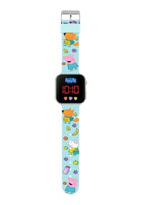 Kinderhorloge met een zwart digitaal display. De siliconen band heeft blauwe stippen en cartoonfiguren, waaronder Peppa Pig en haar vrienden.