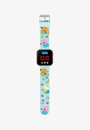 Orologio per bambini con display digitale nero. Il cinturino in silicone presenta pois blu e personaggi dei cartoni, tra cui Peppa Pig e i suoi amici.