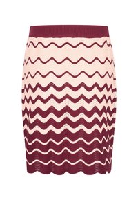 Neulehame, jossa on viininpunainen ja kerma valkoinen aaltoileva kuvio, joustava vyötärö, teksturoitu kangas ja aaltoileva helma erottuvan suunnittelun luomiseksi.