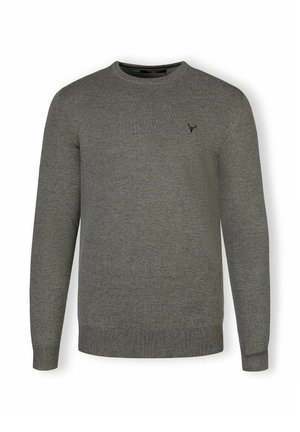 Pull gris à manches longues, col rond et ourlet côtelé. Présente un petit logo sombre sur la poitrine. Fabriqué en tissu doux.