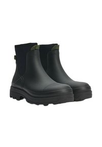 Black waterproof ankle boots with a smooth rubber finish, elastic side panels, and textured, rugged soles. Green pull tabs on the upper.