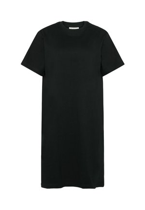 Abito nero a maniche corte in cotone. Presenta un classico coltondo e una silhouette dritta e morbida. Senza fantasie né dettagli.