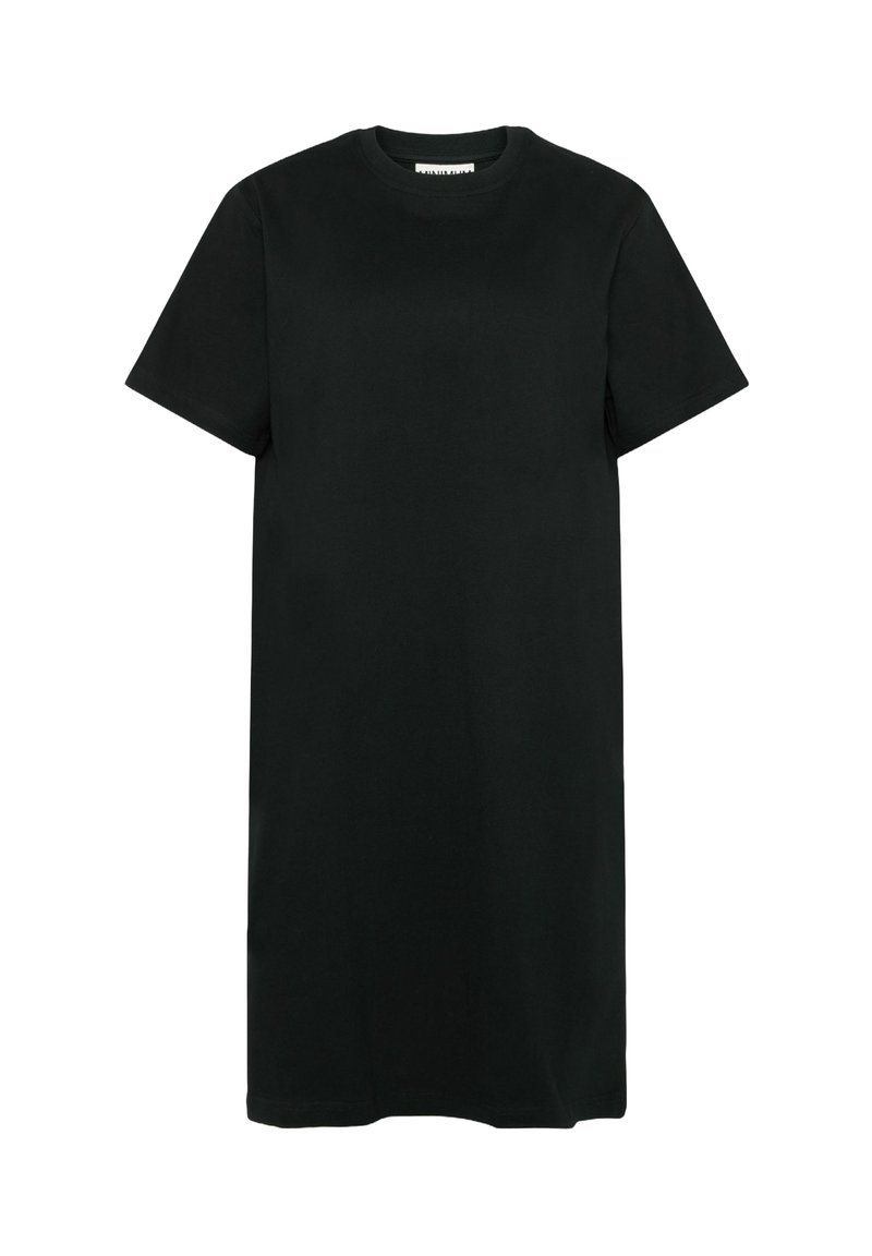 Czarna sukienka krótko rękawowa wykonana z bawełny. Posiada klasyczny okrągły dekolt oraz prosty, luźny krój. Bez wzorów ani akcentów.