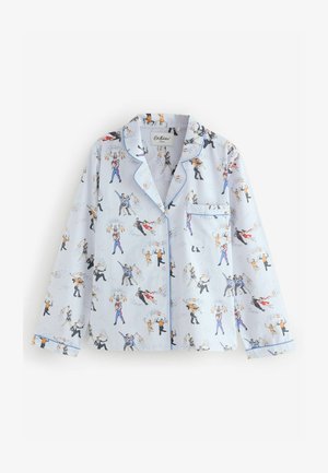 Světle modrý pyžamový top s hravým vzorem tanečníků, obohacený o kontrastní modré lemování na límci, zápěstích a kapse.