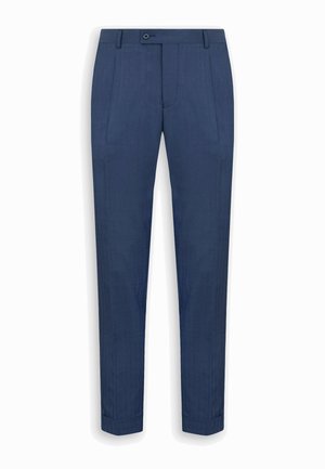 Pantaloni sartoriali blu navy con chiusura a bottone, passanti per cintura, pieghe frontali e orli risvoltati.
