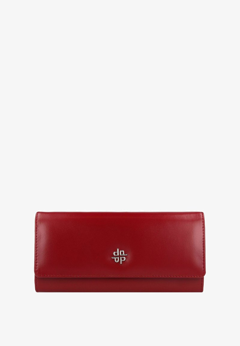 Portafoglio in pelle rossa con una texture liscia, design piegato e un logo argentato centrato sulla parte anteriore. I bordi cuciti mettono in risalto l'artigianalità.