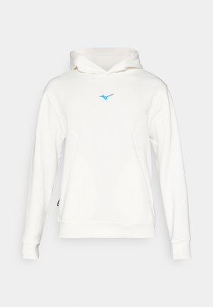 Hoodie blanc en tissu doux, avec un logo bleu sur la poitrine, une capuche avec cordon de serrage et des poignets et un ourlet côtelés.