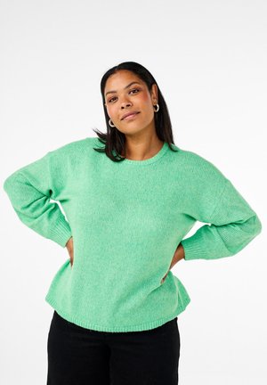 Hellgrüner Strickpullover mit Rundhalsausschnitt, lockerer Passform und gerippten Bündchen. Strukturiertes Material mit einem weichen, gemütlichen Erscheinungsbild.
