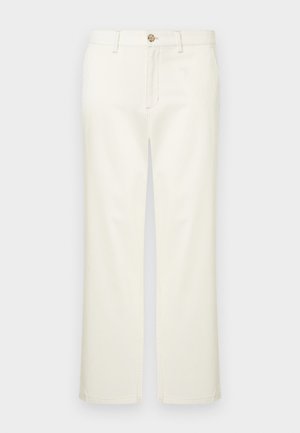 Beige katoenen broek met een rechte pijp, voorzien van voorzakken, een knoopsluiting en subtiele stikdetails.