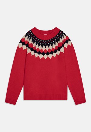 Maglione rosso con colletto e orlo a coste. Presenta un design a blocchi di colore con motivi a diamante neri e crema lungo il collo.