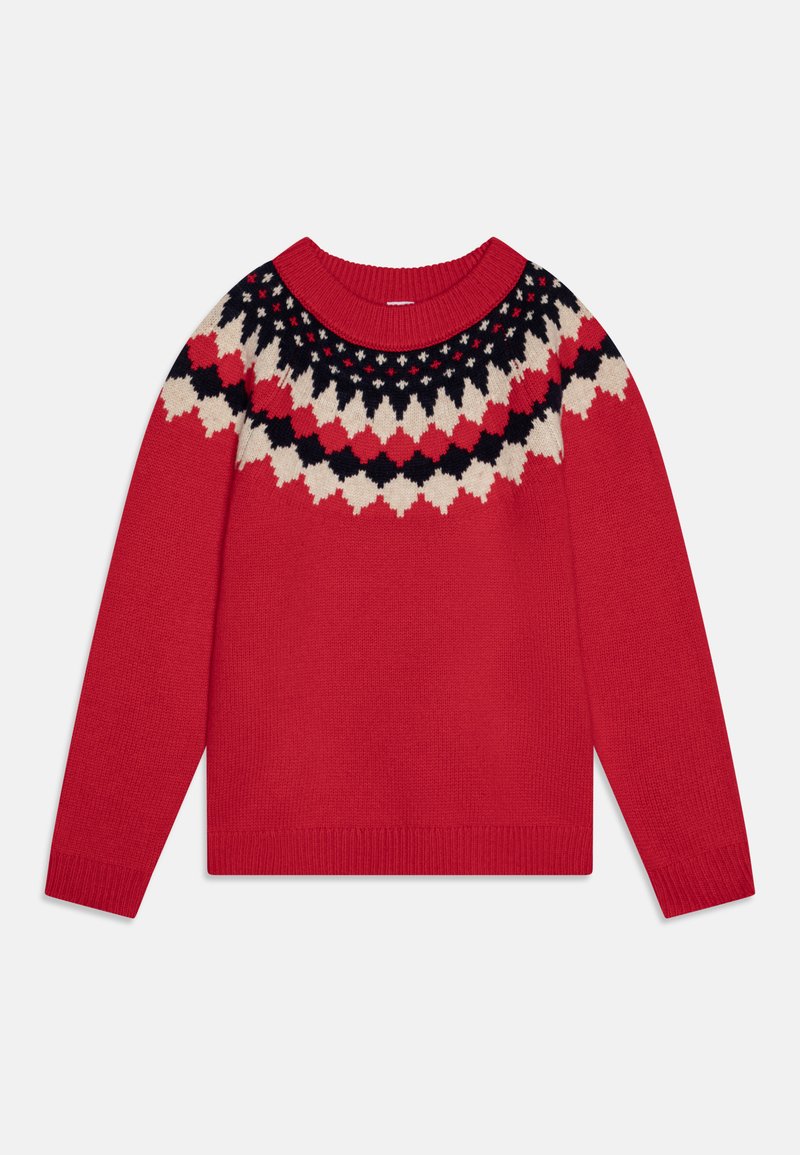 Rød cardigan med ribbet krave og kant. Har et farveblokeringsdesign med sorte og cremefarvede diamantmønstre på tværs af halsudskæringen.