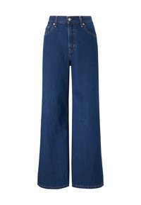 Niebieskie dżinsy o szerokich nogawkach, z wysokim stanem, szlufkami na pasek i kontrastującym przeszyciem. Materiał ma miękką teksturę, klasyczny fason z pięcioma kieszeniami.