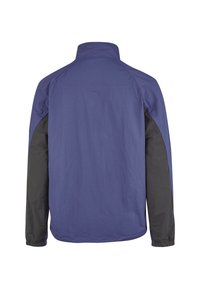 Leichte Jacke mit einem einfarbigen dunkelblauen Körper, schwarzen Ärmeln, einem Reißverschlusskragen und elastischen Bündchen für einen sicheren Sitz.