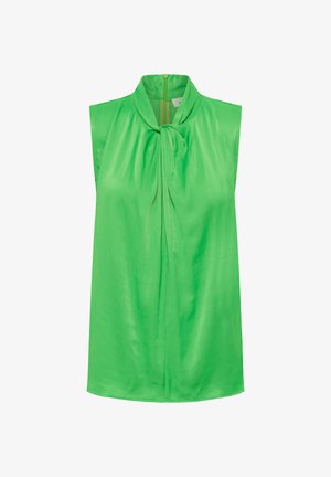 Ujjatlan zöld blúz sima anyagból, álló gallérral és nyakkötő részlettel. Hátul cipzáras záródás.