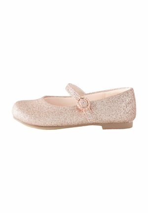 Pink glitter ballet flats with a rounded toe, flat sole, and a strap featuring a decorative circular buckle. Textured and shiny finish.