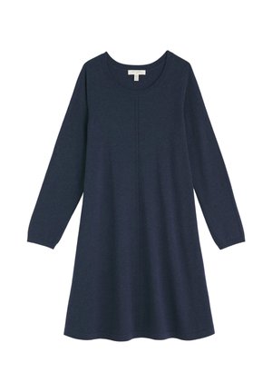 Langsleeve marineblauwe gebreide jurk met een ronde halslijn en subtiele verticale naden in het midden voor.