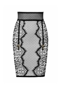 Jupe crayon en dentelle noire avec un motif à pois, des bords festonnés et des bretelles avec des accents en métal doré.