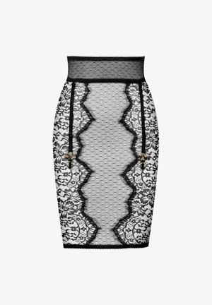 Black lace pencil skirt featuring a dotted pattern, scalloped edges, and suspender straps with gold-tone hardware accents.