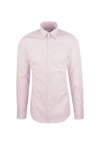 Camicia da uomo a maniche lunghe con motivo a quadri rosso e bianco, davanti con bottoni e colletto classico su sfondo bianco.