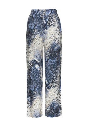 Blue and beige patterned wide-leg pants with an elastic waistband, featuring a fluid fabric that mimics snake skin texture and design.