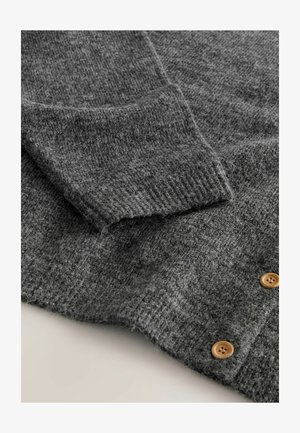 Gray knitted cardigan featuring a soft, textured fabric with ribbed cuffs and two wooden buttons at the front for closure.
