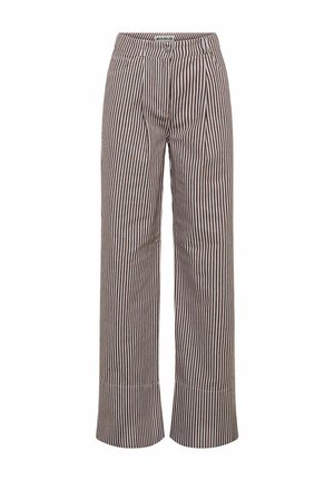 Wide-leg trousers made of fabric featuring vertical brown and white stripes. Includes front pockets and a button closure.