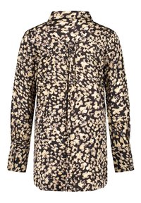 Blusa floreale a maniche lunghe in nero e crema, realizzata in tessuto leggero, con colletto a bottoni e dettaglio con piega centrale sulla schiena.