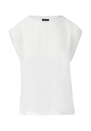 White blouse made of smooth fabric, featuring a simple round neckline and short, relaxed sleeves. Hem is slightly curved at the sides.