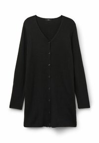 Schwarze Langarm-Cardigan mit Knöpfen, V-Ausschnitt und Rippstrickstruktur, flach auf einem weißen Hintergrund präsentiert.