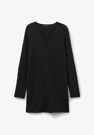 Schwarze Langarm-Cardigan mit Knöpfen, V-Ausschnitt und Rippstrickstruktur, flach auf einem weißen Hintergrund präsentiert.