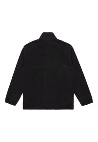 Musthave musta fliisjakker, millel on kõrge krae, pikad varrukad ja lõdvestatud istuvus. Pehme tekstuur ja puhtad jooned, ilma nähtava riistvarata või mustriteta.