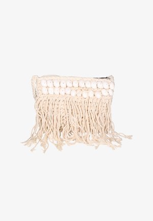 Small beige woven clutch with white beads along the top and long fringe tassels hanging from the bottom edge.