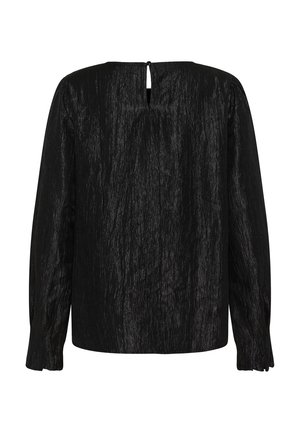 Juodas ilgomis rankovėmis bluzonas su tekstūruotu blizgiu audiniu, laisvas kirpimas, užsegimas mygtuku gale prie kaklo su maža plyšio anga.