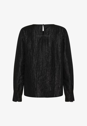 Juodas ilgomis rankovėmis bluzonas su tekstūruotu blizgiu audiniu, laisvas kirpimas, užsegimas mygtuku gale prie kaklo su maža plyšio anga.