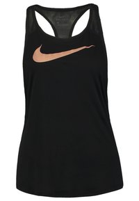 Canottiera nera DRI-FIT con design a racerback. Presenta un prominente logo Nike swoosh color rame sul petto. Tessuto morbido e leggero.