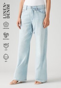 Pantalones de mezclilla de pierna ancha en un tono azul claro con cintura con cordón, combinados con sandalias abiertas beige sobre un fondo gris liso.